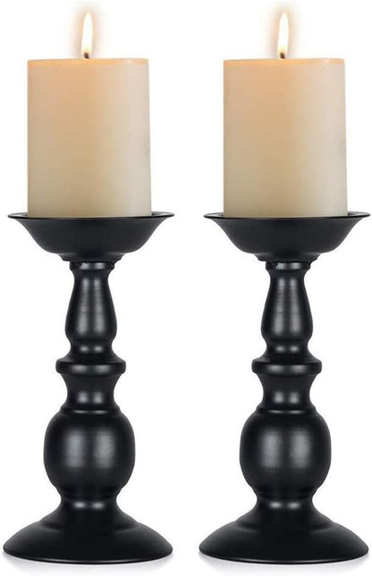 Black Candle Holder for Pillar Candles - 2 Pcs Rustic Candle Holders Set Metal Candle Stand Tall Retro Fall Pillar Candleholder for Halloween Easter Farmhouse Fireplace Home Table Centerpiece