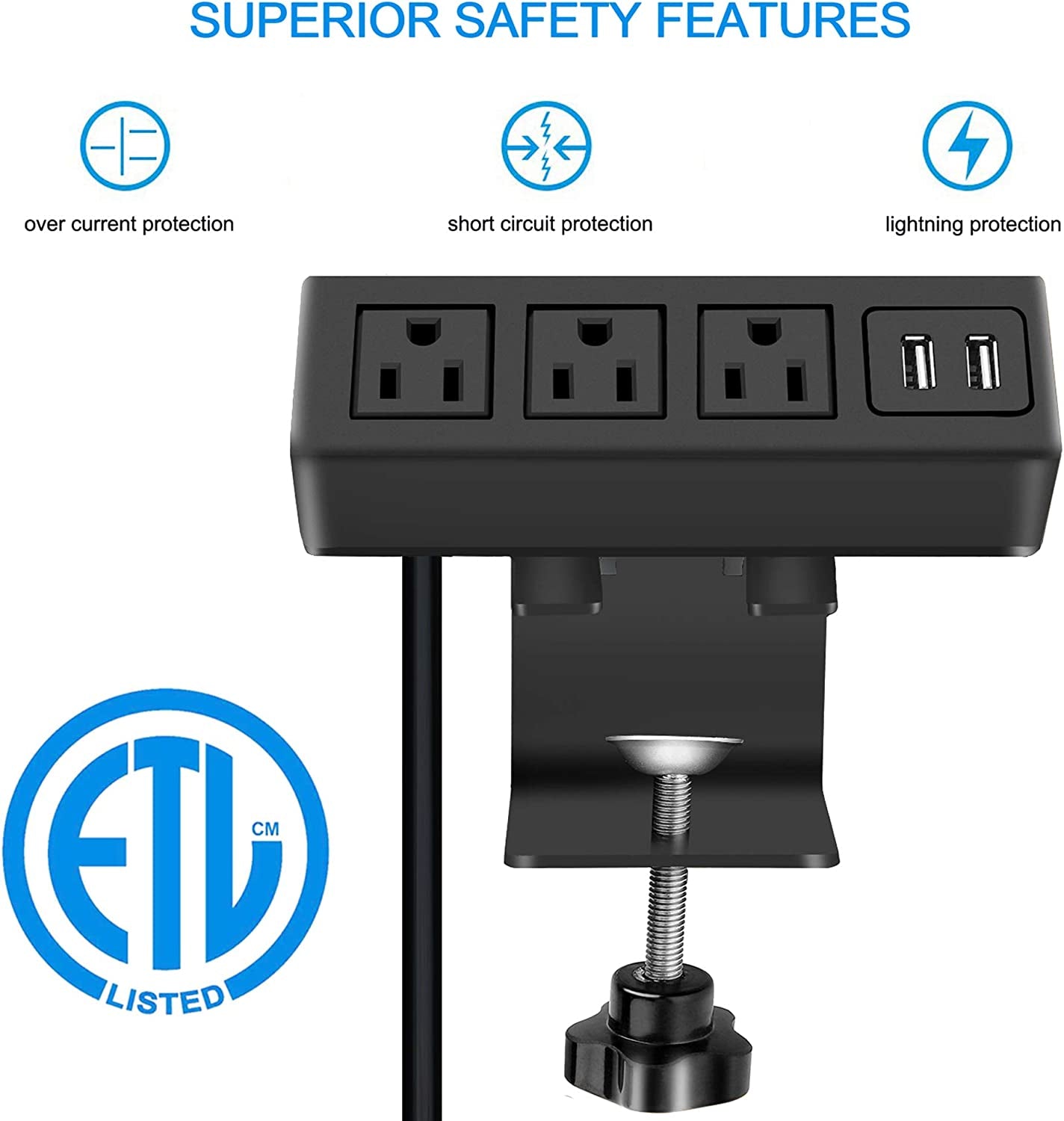3 Outlet Desk Clamp Power Strip with USB Ports, Desktop Power Strip Surge Protector 1200J. Table Mount Charging Power Station, on Edge Power Outlet 125V 12A 1500W.