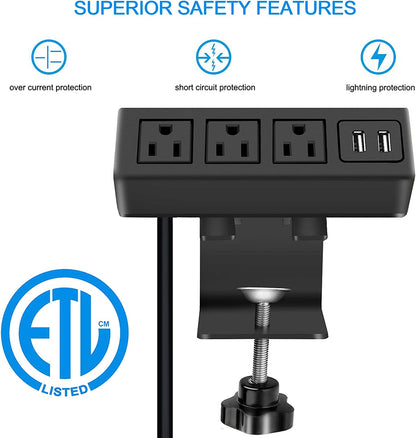 3 Outlet Desk Clamp Power Strip with USB Ports, Desktop Power Strip Surge Protector 1200J. Table Mount Charging Power Station, on Edge Power Outlet 125V 12A 1500W.