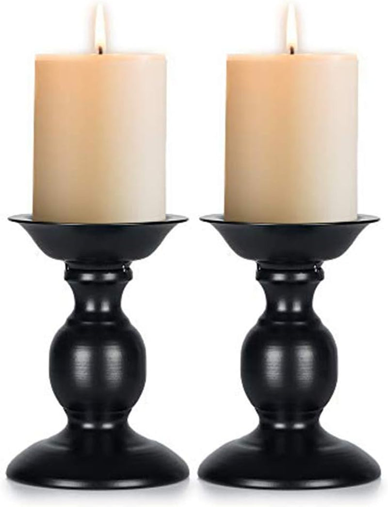 Black Candle Holder for Pillar Candles - 2 Pcs Rustic Candle Holders Set Metal Candle Stand Tall Retro Fall Pillar Candleholder for Halloween Easter Farmhouse Fireplace Home Table Centerpiece