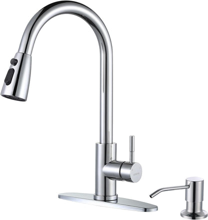 Kitchen Faucet with Sprayer, Kitchen Sink Faucet, SUS 304 Stainless Steel, High Arc Single Handle Brushed Nickel Kitchen Faucets with Pull down Sprayer, Pull Out Kitchen Faucet with Deck Plate