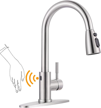 Kitchen Faucet with Sprayer, Kitchen Sink Faucet, SUS 304 Stainless Steel, High Arc Single Handle Brushed Nickel Kitchen Faucets with Pull down Sprayer, Pull Out Kitchen Faucet with Deck Plate