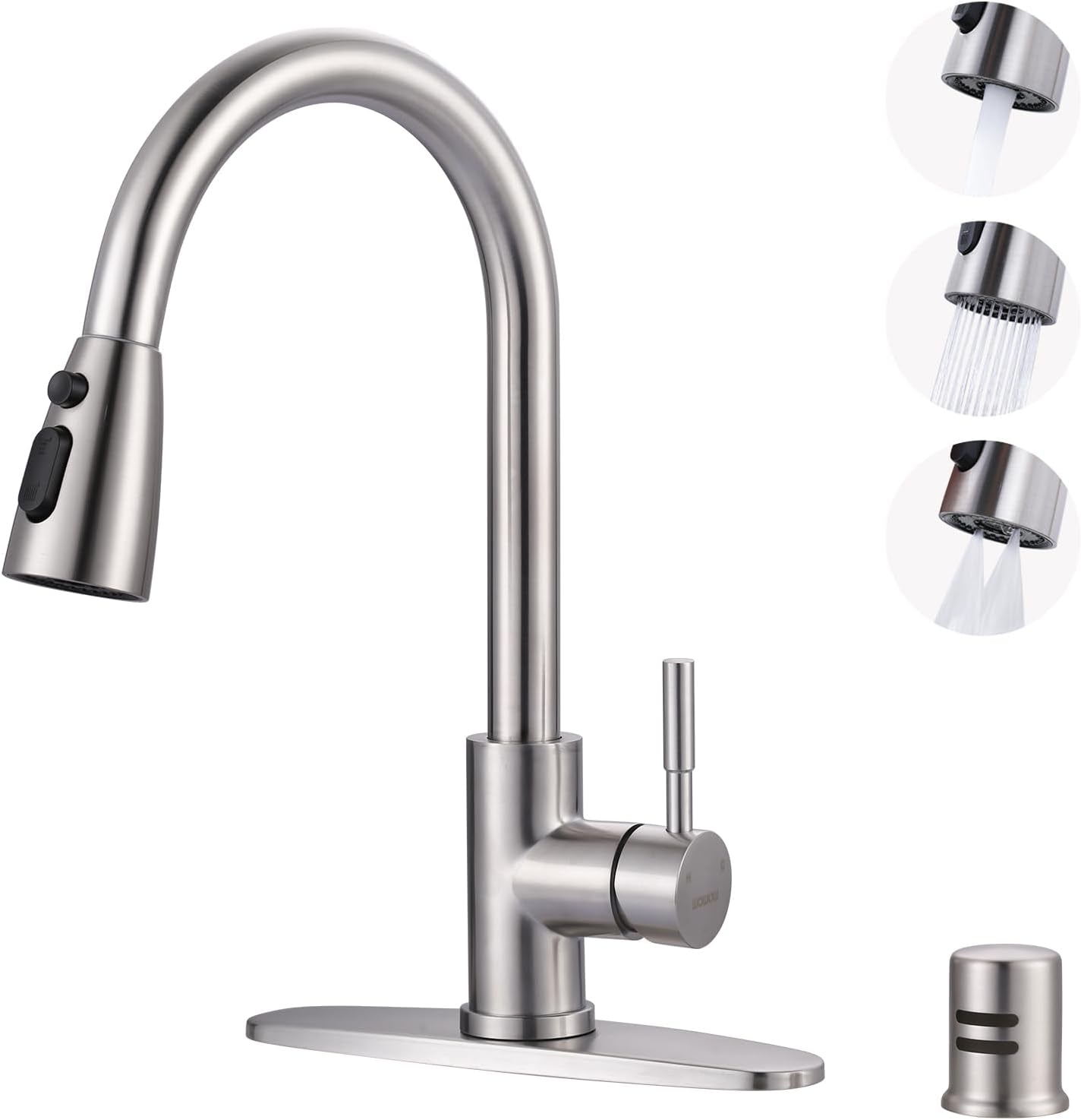 Kitchen Faucet with Sprayer, Kitchen Sink Faucet, SUS 304 Stainless Steel, High Arc Single Handle Brushed Nickel Kitchen Faucets with Pull down Sprayer, Pull Out Kitchen Faucet with Deck Plate