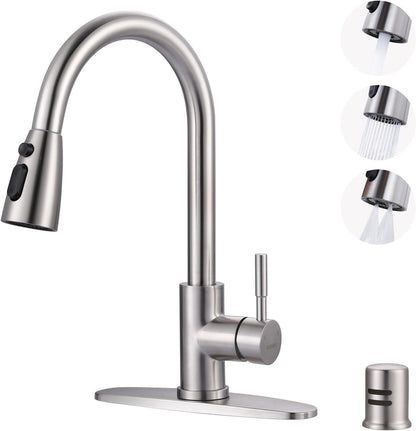 Kitchen Faucet with Sprayer, Kitchen Sink Faucet, SUS 304 Stainless Steel, High Arc Single Handle Brushed Nickel Kitchen Faucets with Pull down Sprayer, Pull Out Kitchen Faucet with Deck Plate