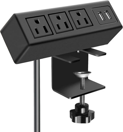 3 Outlet Desk Clamp Power Strip with USB Ports, Desktop Power Strip Surge Protector 1200J. Table Mount Charging Power Station, on Edge Power Outlet 125V 12A 1500W.