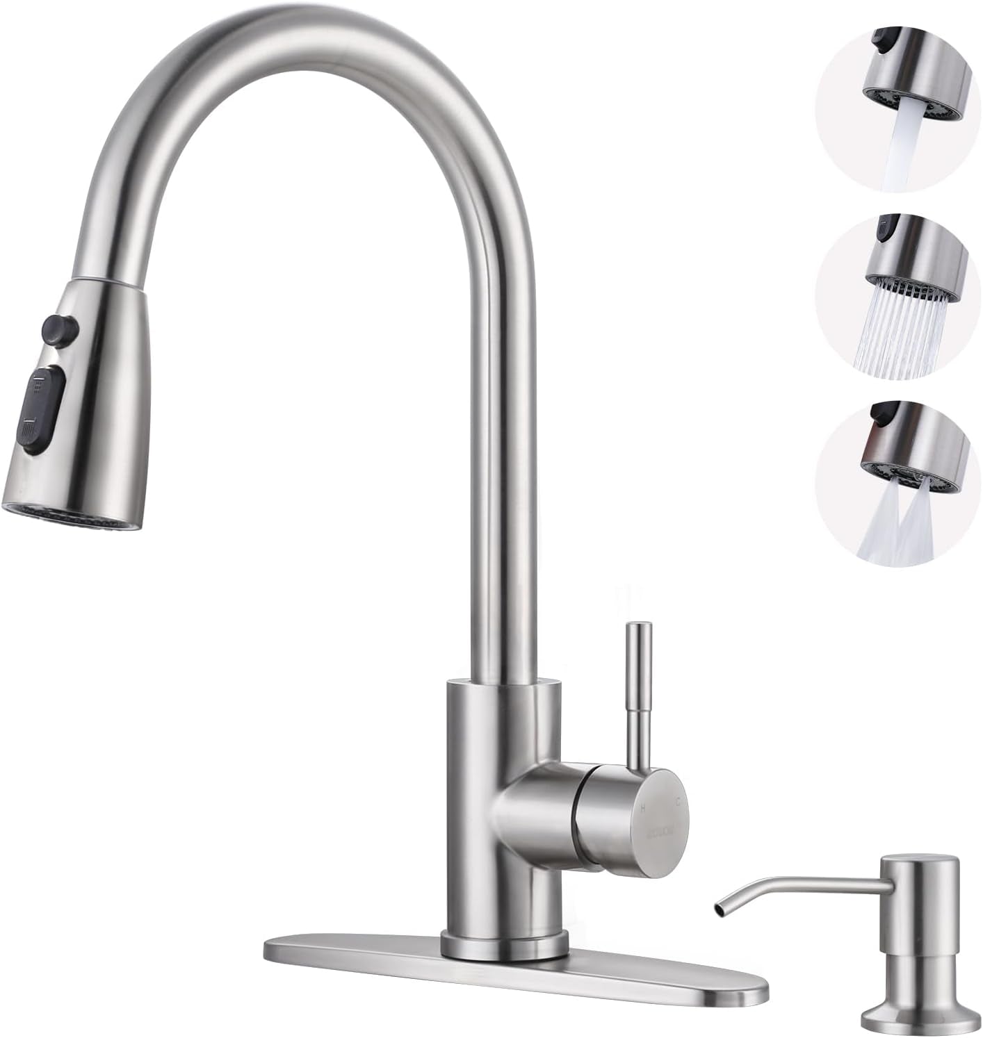 Kitchen Faucet with Sprayer, Kitchen Sink Faucet, SUS 304 Stainless Steel, High Arc Single Handle Brushed Nickel Kitchen Faucets with Pull down Sprayer, Pull Out Kitchen Faucet with Deck Plate