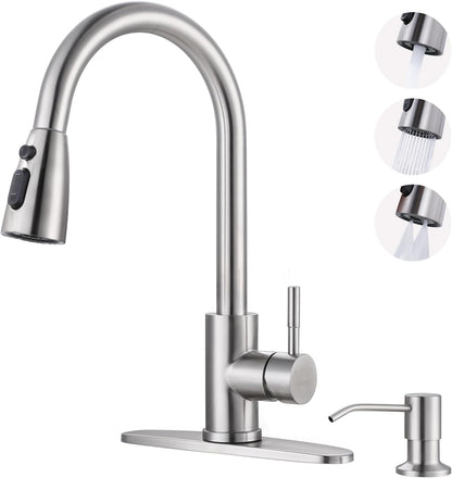 Kitchen Faucet with Sprayer, Kitchen Sink Faucet, SUS 304 Stainless Steel, High Arc Single Handle Brushed Nickel Kitchen Faucets with Pull down Sprayer, Pull Out Kitchen Faucet with Deck Plate